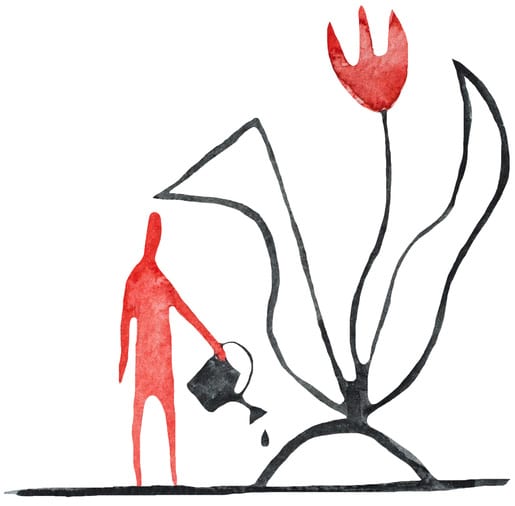 Illustration of a man watering a huge flower