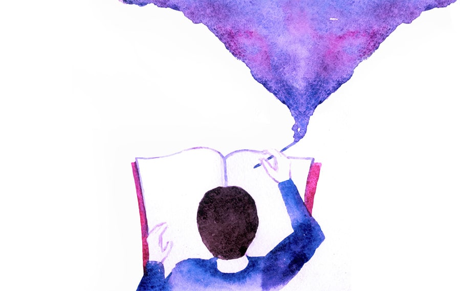 Illustration of a person writing in a book and swirling up to a paint cloud.