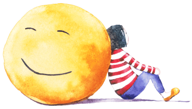 Illustration of a girl sitting against a giant smiley face.